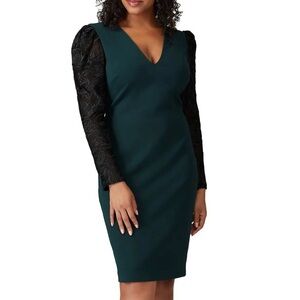 Badgley Mischka Sheath Dress Emerald Green Black Lace Sleeves Size 14 Formal